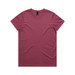 A maroon T-shirt featuring a simple design and a tag, suitable for casual wear.