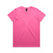 A pink T-shirt featuring a round neckline and a logo on the label. No other details are visible.
