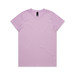 A light purple T-shirt featuring a round neckline and short sleeves, with a branding tag at the collar. A light purple T-shirt featuring a round neckline and short sleeves, with a branding tag at the collar.