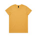 A plain yellow T-shirt with a round neckline and short sleeves, featuring a logo on the tag inside.