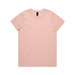 A light pink t-shirt with a round neck and short sleeves, featuring a logo at the tag. A light pink t-shirt with a round neck and short sleeves, featuring a logo at the tag.