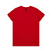 A red t-shirt featuring a simple crew neck design and a branding label at the neckline.