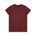A maroon T-shirt with a crew neck and short sleeves, featuring a logo at the neckline.