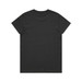 A black t-shirt with a round neckline and short sleeves, featuring a logo on the back.