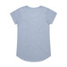 A light blue t-shirt with short sleeves and a rounded hem, featuring a logo on the back.