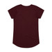 A maroon t-shirt featuring a rounded hem and short sleeves. It has a logo on the back. A maroon t-shirt featuring a rounded hem and short sleeves. It has a logo on the back.