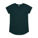 A dark green women's T-shirt with a scoop neckline and short sleeves, featuring a branded tag. A dark green women's T-shirt with a scoop neckline and short sleeves, featuring a branded tag.