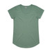 A green short-sleeved t-shirt with a scoop neckline and a curved hem. It has a logo on the label.