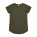 An olive green T-shirt with a scoop neck and short sleeves, featuring a logo on the label. An olive green T-shirt with a scoop neck and short sleeves, featuring a logo on the label.