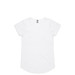 A white T-shirt with a rounded neckline and short sleeves, featuring a simple design and a tag.
