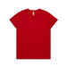 A red T-shirt with a simple design, featuring a logo on the label.