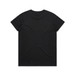 A black t-shirt with a crew neckline and short sleeves, featuring a logo on the back.