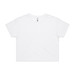 A white crop tee with a round neck and short sleeves, featuring one logo. A white crop tee with a round neck and short sleeves, featuring one logo.