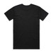 A black T-shirt featuring short sleeves and a plain back. The shirt has a logo on the label.