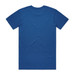A blue T-shirt with short sleeves and a plain back, featuring a branding logo. A blue T-shirt with short sleeves and a plain back, featuring a branding logo.