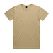 A beige t-shirt with a round neck and short sleeves, featuring a logo on the label. A beige t-shirt with a round neck and short sleeves, featuring a logo on the label.