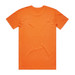 An orange t-shirt displayed from the back, featuring short sleeves and a plain design. The shirt has a logo. An orange t-shirt displayed from the back, featuring short sleeves and a plain design. The shirt has a logo.
