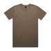 A plain brown T-shirt with a round neck and short sleeves, featuring a brand logo on the label. A plain brown T-shirt with a round neck and short sleeves, featuring a brand logo on the label.