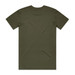 An olive green t-shirt with a plain back and short sleeves, featuring a logo. An olive green t-shirt with a plain back and short sleeves, featuring a logo.