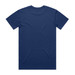 A navy blue T-shirt featuring a plain back design and a small logo on the neck area. A navy blue T-shirt featuring a plain back design and a small logo on the neck area.