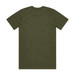 A plain olive green T-shirt featuring a classic design with a round neck and short sleeves. It has a logo on the back.