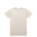 A beige basic t-shirt with short sleeves and a crew neck, featuring a logo on the inside tag. A beige basic t-shirt with short sleeves and a crew neck, featuring a logo on the inside tag.