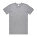 A grey basic t-shirt with a round neckline and short sleeves, featuring a logo near the collar.