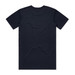 A navy blue T-shirt with a plain back, featuring a logo on the collar.