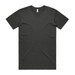 A plain black T-shirt with short sleeves and a round neckline, featuring a logo.
