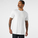 A man wearing a plain white basic tee, showcasing a classic fit and short sleeves.