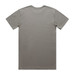 A plain grey t-shirt with a crew neck and short sleeves, featuring a logo on the back.