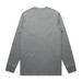 A long-sleeve grey T-shirt featuring a simple design with a logo on the back. A long-sleeve grey T-shirt featuring a simple design with a logo on the back.