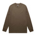 A long-sleeve t-shirt in a brown hue, featuring a simple design and a logo on the tag. A long-sleeve t-shirt in a brown hue, featuring a simple design and a logo on the tag.