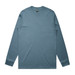 A long-sleeve tee in a muted blue colour, featuring a simple design and a logo on the label.