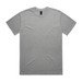 A grey t-shirt with short sleeves, featuring a brand logo on the label.