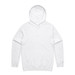 A white hoodie with a front pocket and a drawstring hood, featuring a logo on the front.