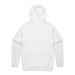 A white hoodie with a front pocket and a large hood, featuring a logo on the back.