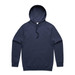 A navy hoodie with a kangaroo pocket and a drawstring hood, featuring a logo. 