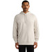 A beige hoodie with a front pocket and drawstring hood, worn by a man standing upright. It features a logo on the side.