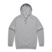 A grey hoodie with a front pocket and a drawstring hood, featuring a logo on one side.