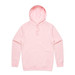 A pink hoodie with a front pocket and a hood, featuring a logo on the chest area.