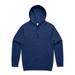 A navy blue hoodie with a front pocket and a drawstring hood. It features a logo on the front.