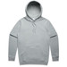 A grey hoodie with a front pocket and a large hood, featuring a logo on the label.