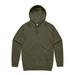 An olive green hoodie with a front pocket and a drawstring hood, featuring a logo.