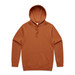 A brown hoodie with a kangaroo pocket and a drawstring hood, featuring a logo on the garment.