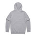 A grey hoodie featuring a hood and long sleeves, with a plain back and a logo.