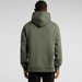 A green hoodie with a large hood, featuring a simple design and a relaxed fit, shown from the back.