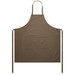 A brown canvas apron with a pocket and waist ties, featuring a branding logo. A brown canvas apron with a pocket and waist ties, featuring a branding logo.