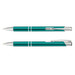 A teal metal pen with silver accents, featuring a sleek design and a clip for easy attachment. It has a logo.