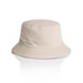 A beige bucket hat with a wide brim and a simple design. It features a label on the side.